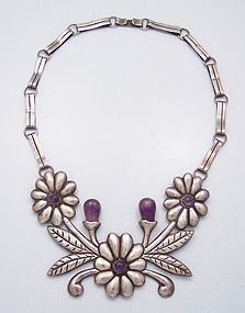 Repousse Floral Amethyst Vintage Mexican Silver Necklace