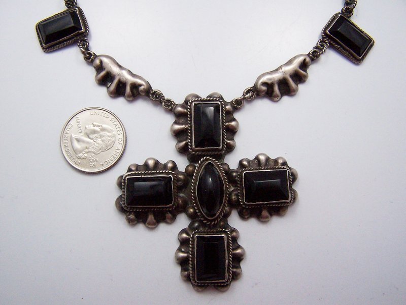 Rafael Melendez Vintage Mexican Silver Cross Onyx Necklace