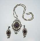 Vintage Mexican Silver Colonial Amethyst Necklace & Earrings