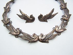 Los Castillo Vintage Mexican Silver Doves Necklace & Earrings # 552
