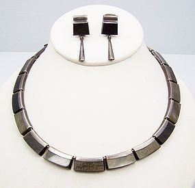 Enrique Ledesma Vintage Mexican Silver Obsidian Necklace & Earring