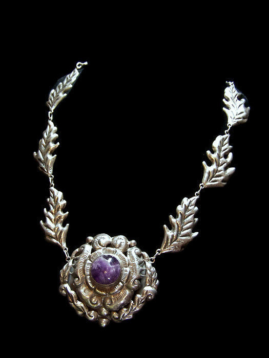 Huge Vintage Mexican Silver  Repousse Flower Necklace