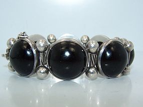 Hector Aguilar Obsidian Vintage Mexican Silver Bracelet