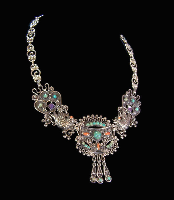 An Early Matilde Poulat Matl Vintage Mexican Silver Necklace Jeweled