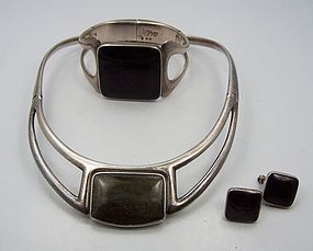 Sigi Pineda Obsidian Vintage Mexican Silver Parure Necklace Set