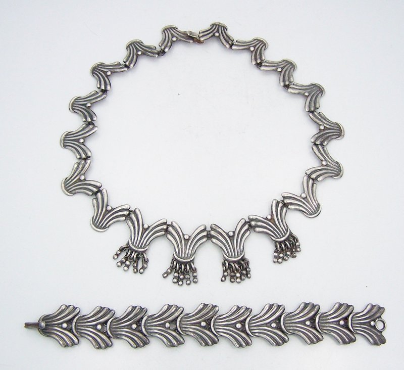 Signed APA Bracelet Necklace Vintage Mexican Fringed Silver Set