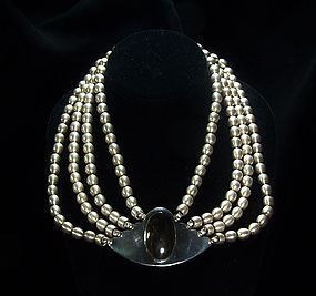 Sigi Pineda Vintage Mexican 4 Silver Pearl Strand Necklace Obsidian
