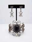 Heavy Filigree Onyx Vintage Mexican Silver Cuff & Earrings Set