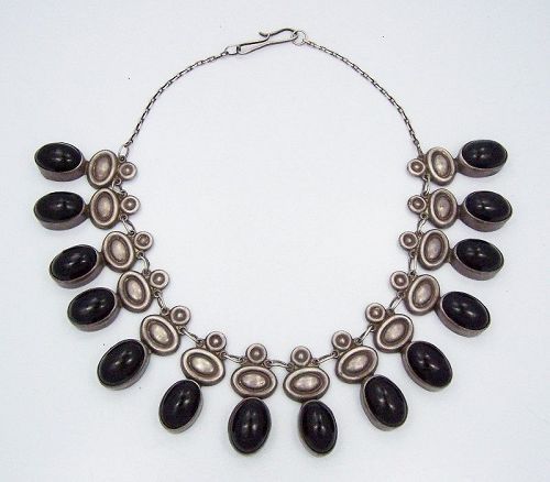 Obsidian Drops Vintage Mexican Silver Necklace Heavy