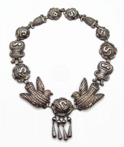 Matilde Poulat Matl Vintage Mexican Silver Palomas y Roses Necklace