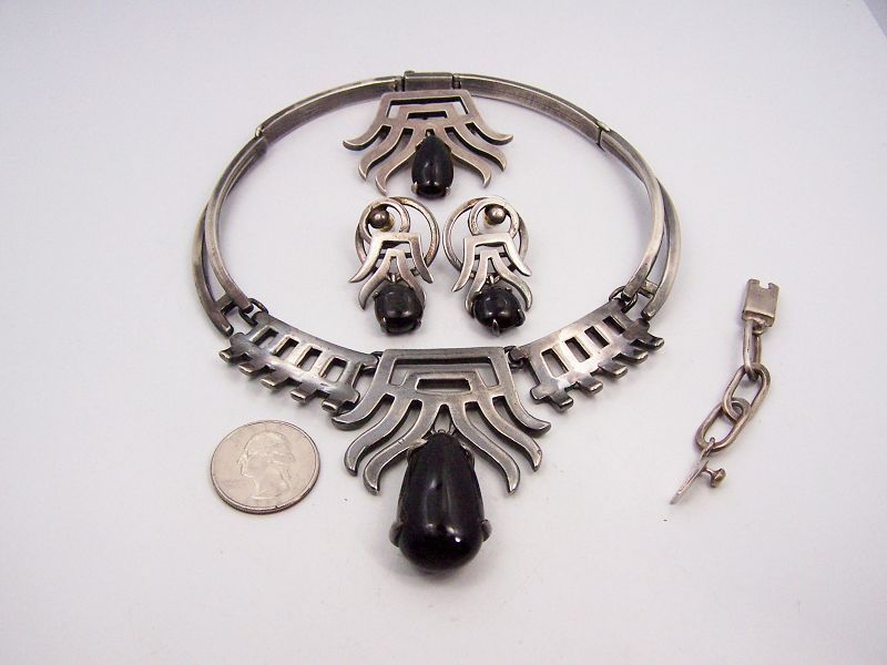 Salvador Teran Vintage Mexican Silver Stone Drop Necklace Brooch Err