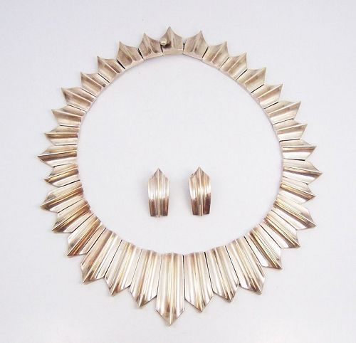 Antonio Pineda Iconic Modernist Vintage Silver Necklace and Earrings