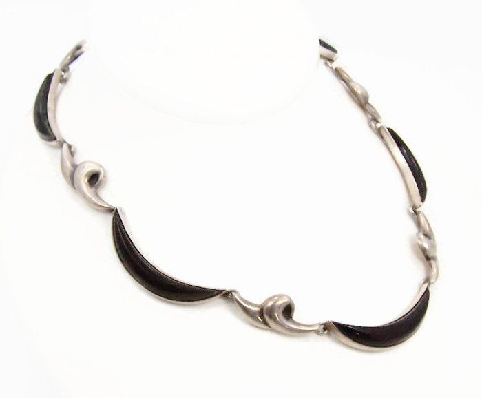 Antonio Pineda Onyx Crescent Swirl Vintage Mexican Silver Necklace