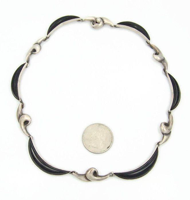 Antonio Pineda Onyx Crescent Swirl Vintage Mexican Silver Necklace