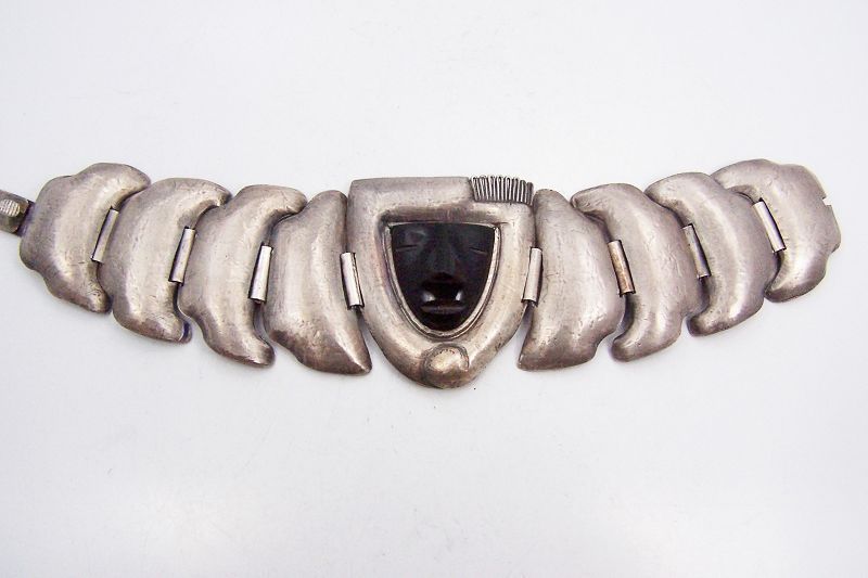 Rare Matilde Poulat Matl Repousse Onxy Vintage Mexican Silver Bracelet