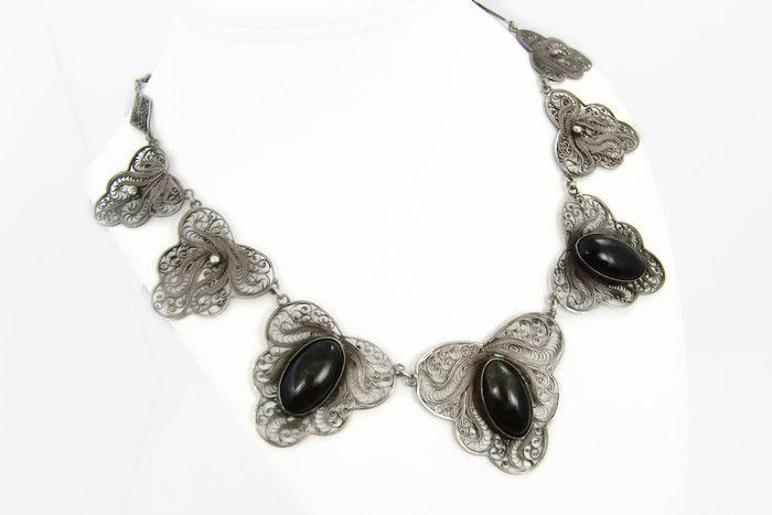 Vintage Mexican Silver Obsidian Filagree Necklace