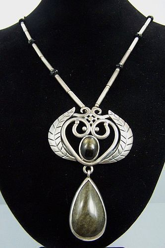 Los Castillo Vintage Mexican Silver Obsidian Long Necklace #