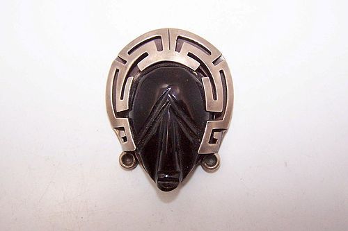 Vintage Mexican Silver Obsidian Carved Brooch Signed