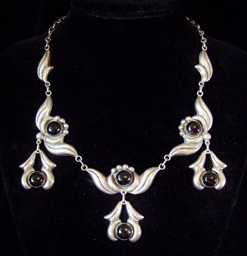 Black Stone Vintage Mexican Silver Necklace With Drops