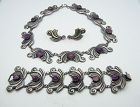 Amethyst Swirl Vintage Mexican Silver Set Necklace Bracelet Earrings