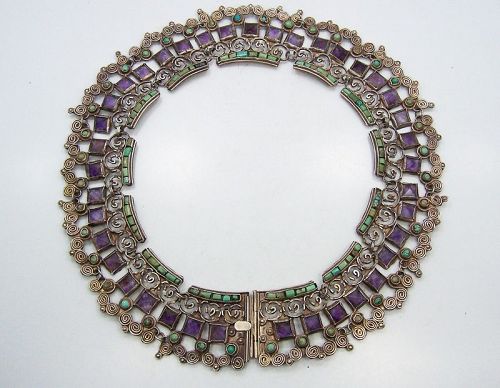 Matl Matilde Poulat Jeweled Vintage  Mexican Silver Necklace