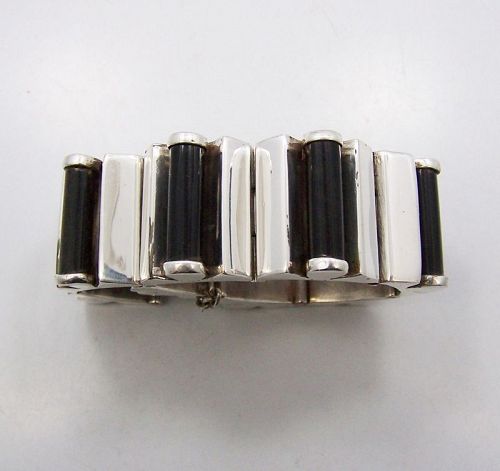 Antonio Pineda Vintage Mexican Silver Obsidian Cylinder Bracelet