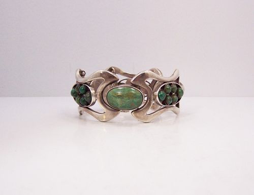 Erika Hult de Corral Green Stones Vintage Mexican Silver Bracelet