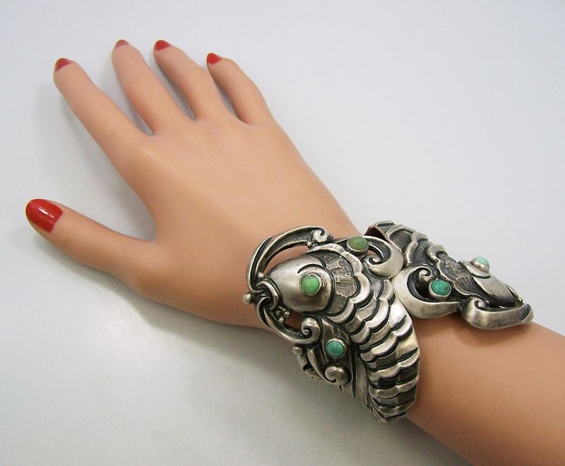 Margot de Taxco  # 5207 Vintage Mexican Silver Fish Clamper Bracelet
