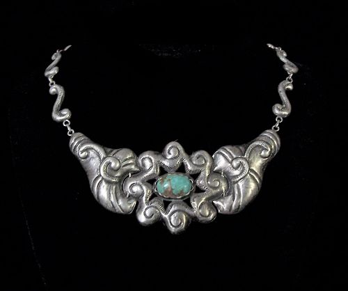 Old Mexico City Folk Work Vintage Mexican Silver Necklace