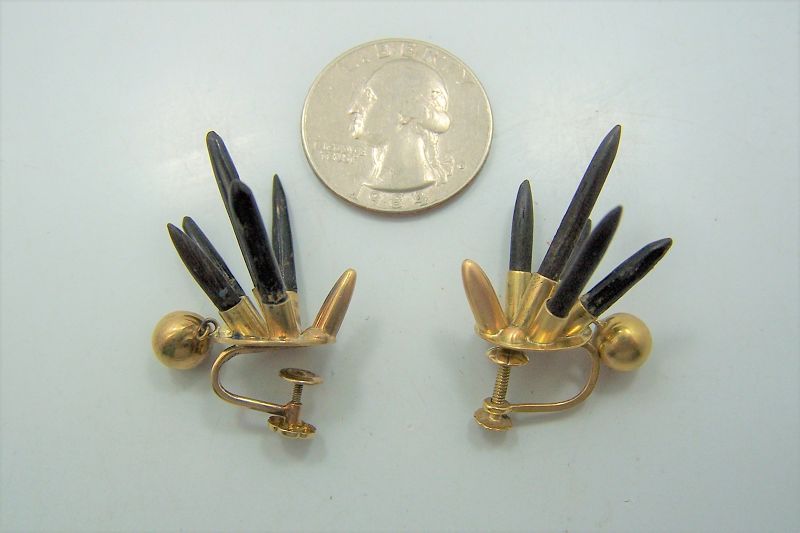 18 kt Mexican Gold William Spratling Vintage Obsidian Quil Earrings