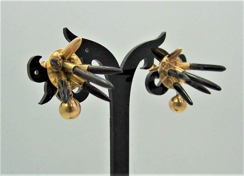 18 kt Mexican Gold William Spratling Vintage Obsidian Quil Earrings