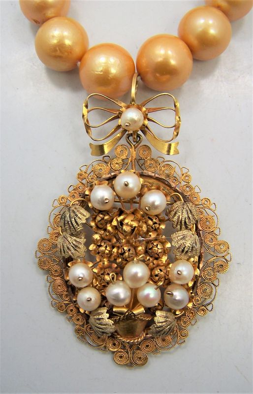 Large Gold Mexican Wire Work Pendant &amp; Gold Tahitian Pearls