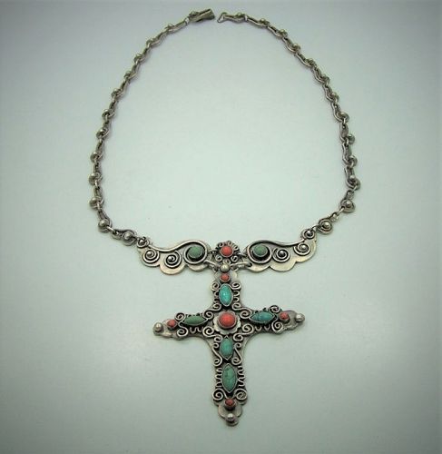 Matl Matilde Poulat Jeweled Vintage  Mexican Silver Cross Necklace