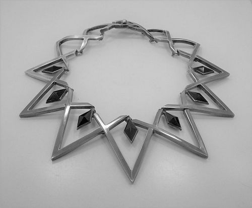 Antonio Pineda Vintage Mexican Silver Onyx Diamond Necklace