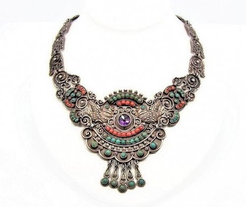 Matl Matilde Poulat Jeweled Vintage  Mexican Silver Palomas  Necklace
