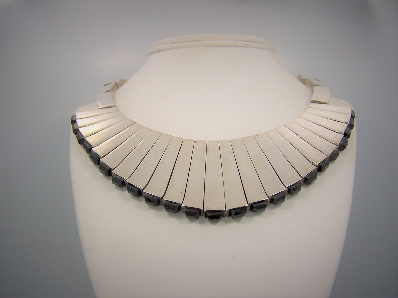 Antonio Pineda Vintage Mexican Silver Obsidian Matchstick Necklace