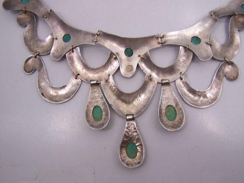 Turquoise Vintage Mexican Silver Bib Necklace