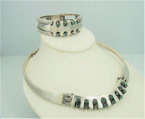 Salvador Teran Vintage Emerald Mexican Silver Bracelet Necklace