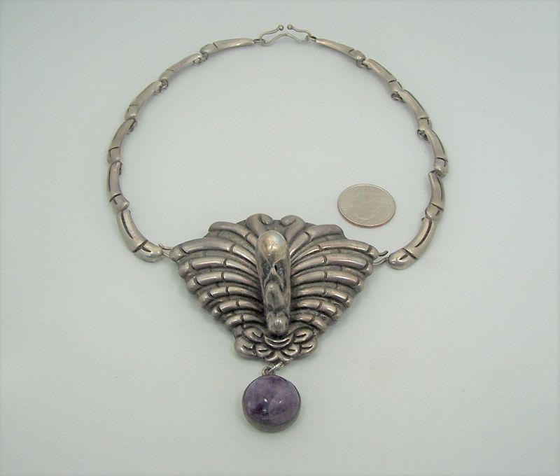 Quetzalcoatl Mexican Silver Vintage Necklace Brooch