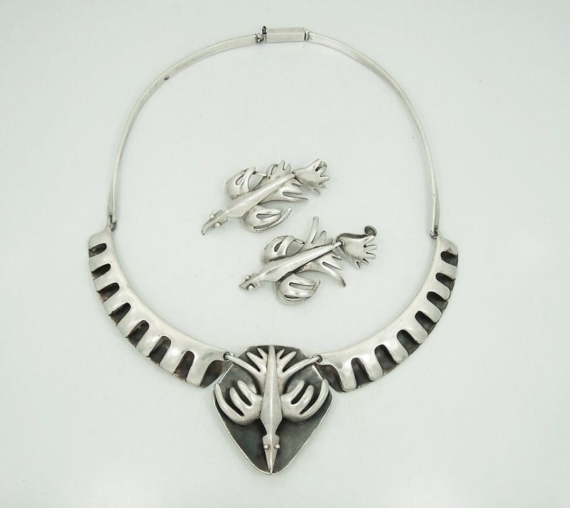 Salvador Teran Vintage Mexican Silver Bird Necklace &amp; Earrings