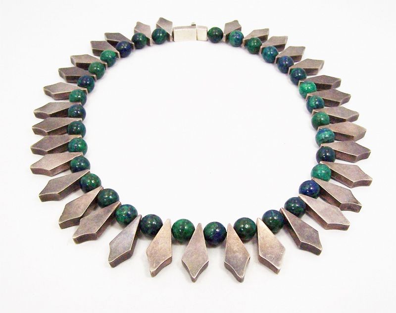 Vintage TAXCO Mexico Sterling deals Silver Chrysocolla Malachite Bead Necklace 21 in