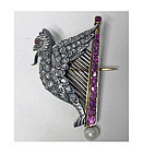 French Griffin Harp Ruby, Diamond, Pearl 18K Brooch