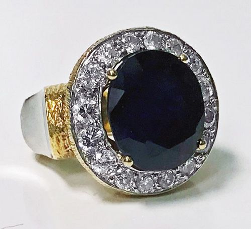 Large 18 Karat Diamond and Blue Stone Ring
