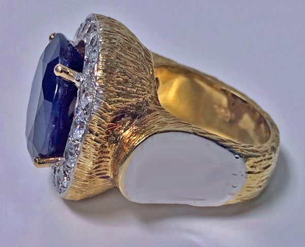 Large 18 Karat Diamond and Blue Stone Ring