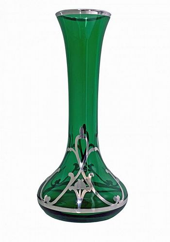 Art Nouveau Sterling overlay green Vase, American C.1910