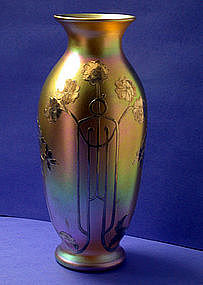 Large Quezal Silver overlay Vase C.1900