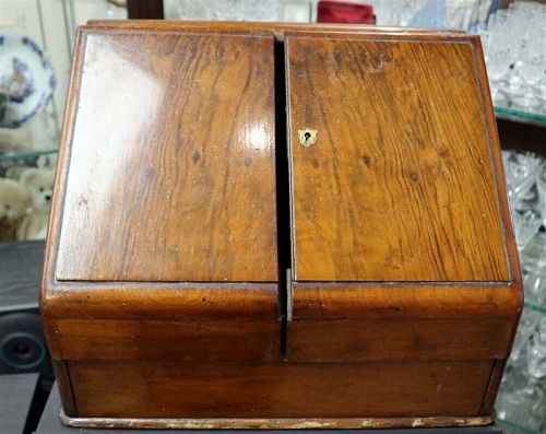 c1880 16" Oak Perpetual Calendar Writing Box Stationary Cabinet