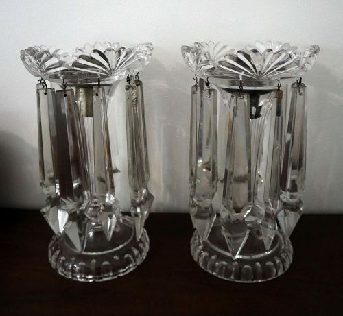 Pair Victorian 11" Mantle Lusters Clear Cut Glass Fan Design with 8" D