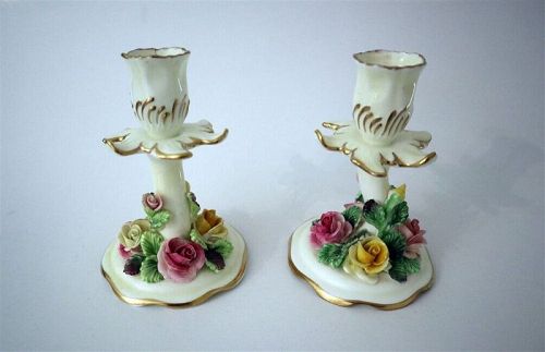 Gorgeous Crown Staffordshire Pr. Porcelain Candle Holders c1950's
