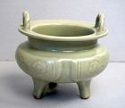 Ming Dynasty Longquan Celadon Tripod Censer with Corded Handles